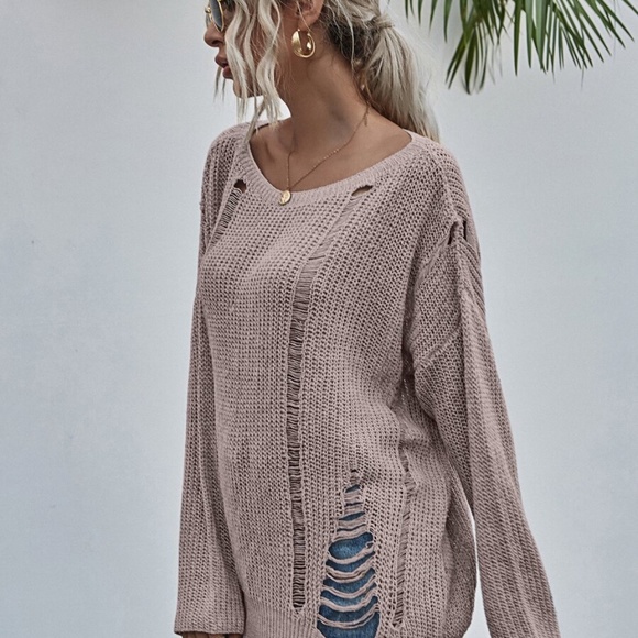 Grey off shoulder distressed oversize knit sweater - Picture 8 of 13
